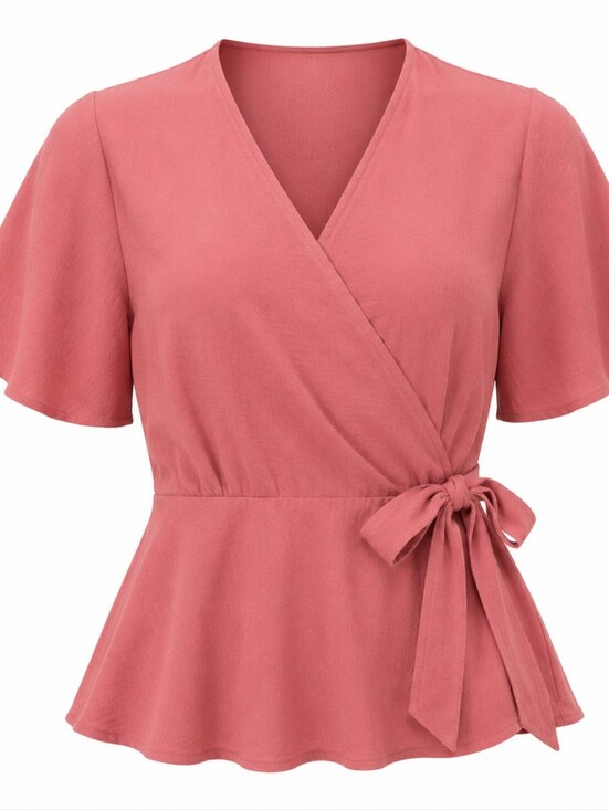Monteau Tops - Monteau Casual Everyday Dusty Rose Flutter Sleeve Wrap Peplum Women's Top Size L